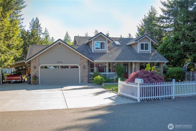 22015 SE 244th Pl, Maple Valley, WA 98038 - cape cod-style house featuring covered porch, a garage, concrete driveway, a chimney, and brick siding
