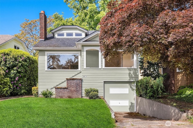 6813 17th Ave NE, Seattle, WA 98115 - view of front of house featuring a chimney, a front yard, a garage, and a shingled roof