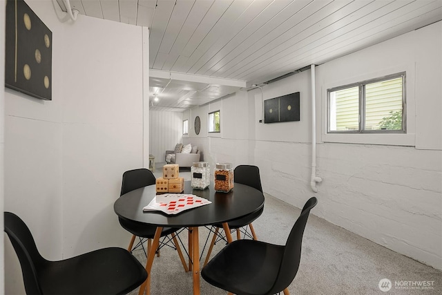 6813 17th Ave NE, Seattle, WA 98115 - dining space with wooden ceiling and carpet flooring