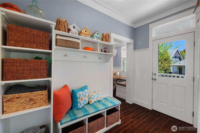 228 Meriweather St, Pacific Beach, WA 98571 - mudroom with dark wood finished floors and ornamental molding