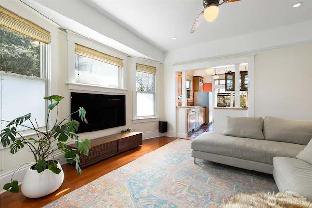 2011 E Cherry St, Seattle, WA 98122 - living area featuring wood finished floors, a ceiling fan, recessed lighting, and baseboards