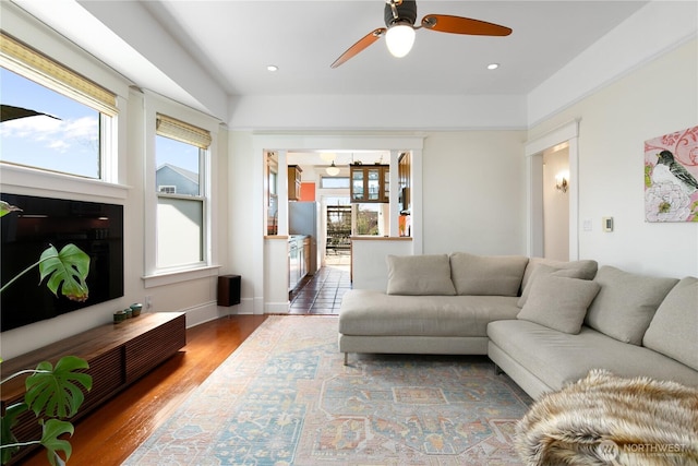 2011 E Cherry St, Seattle, WA 98122 - living room with plenty of natural light, a ceiling fan, wood finished floors, and recessed lighting