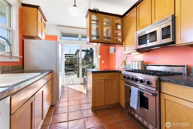 2011 E Cherry St, Seattle, WA 98122 - kitchen with appliances with stainless steel finishes, dark countertops, glass insert cabinets, and a peninsula
