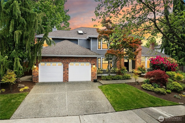 15102 93rd Pl NE, Bothell, WA 98011 - view of front facade with a garage, brick siding, driveway, a front yard, and a chimney