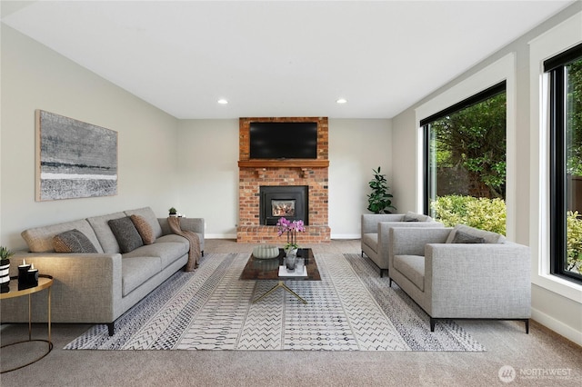 15102 93rd Pl NE, Bothell, WA 98011 - carpeted living room featuring recessed lighting, a brick fireplace, and baseboards