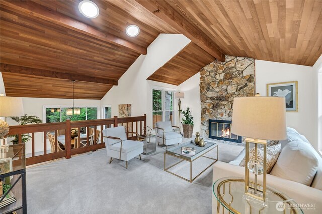 2714 Sahalee Dr E, Sammamish, WA 98074 - carpeted living room featuring wood ceiling, plenty of natural light, and a fireplace