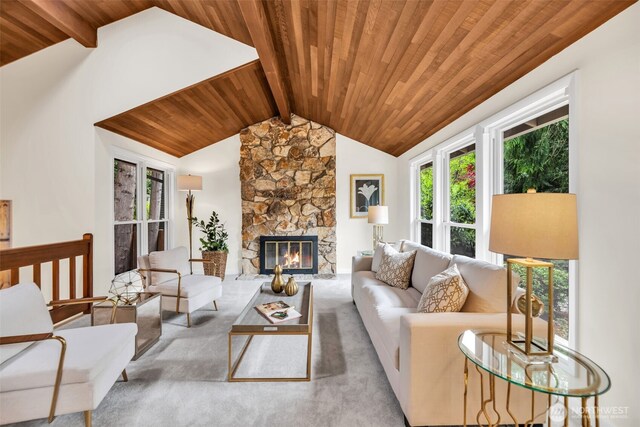 2714 Sahalee Dr E, Sammamish, WA 98074 - carpeted living area featuring wood ceiling and a stone fireplace