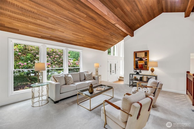 2714 Sahalee Dr E, Sammamish, WA 98074 - carpeted living area with wood ceiling with exposed beams, baseboards, and high vaulted ceiling