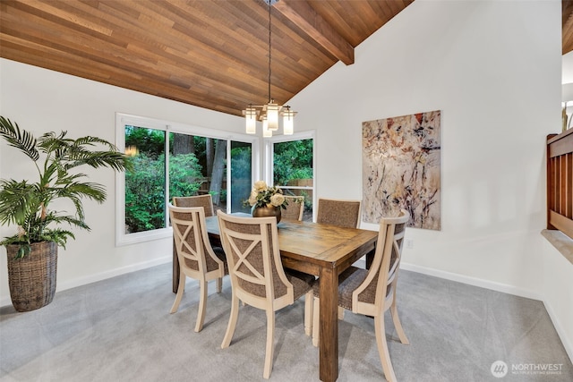 2714 Sahalee Dr E, Sammamish, WA 98074 - dining area with wood ceiling, carpet floors, a chandelier, and baseboards