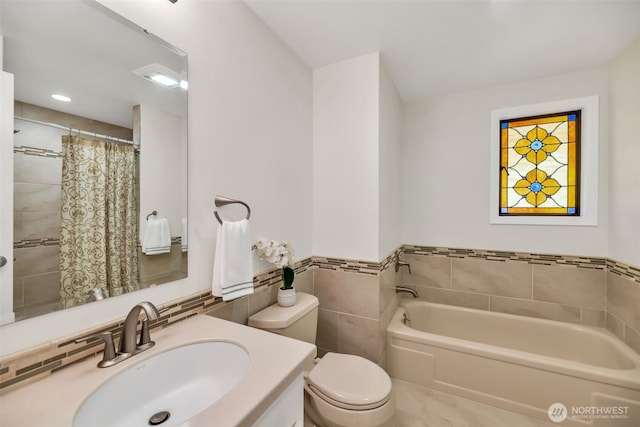 2714 Sahalee Dr E, Sammamish, WA 98074 - bathroom with a garden tub, toilet, vanity, tile walls, and curtained shower