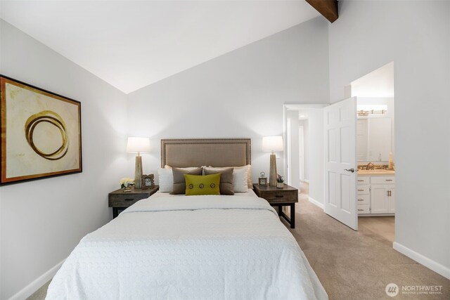 2714 Sahalee Dr E, Sammamish, WA 98074 - bedroom with light carpet, baseboards, a sink, connected bathroom, and high vaulted ceiling