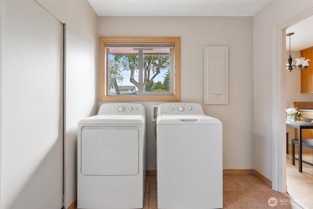 1001 Elm St, Centralia, WA 98531 - laundry room featuring independent washer and dryer, a chandelier, electric panel, light tile patterned flooring, and baseboards