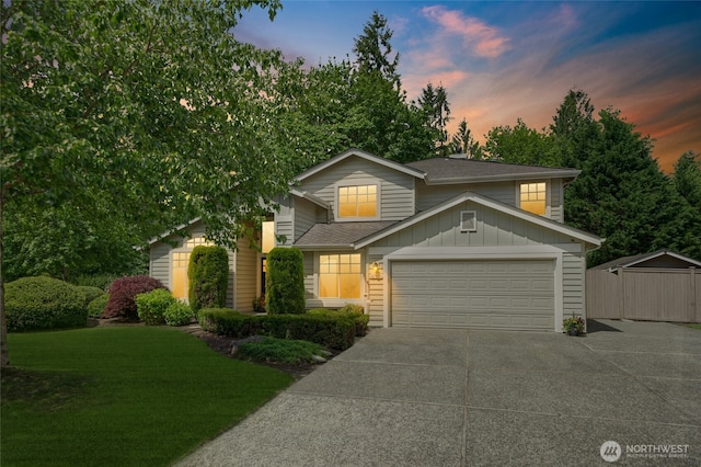 32910 NE 40th Pl, Carnation, WA 98014 - view of front of property with concrete driveway, board and batten siding, an attached garage, and roof with shingles