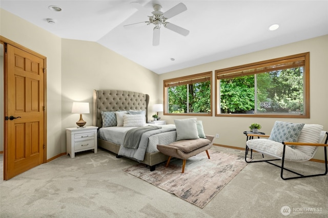 32910 NE 40th Pl, Carnation, WA 98014 - bedroom with vaulted ceiling, light carpet, baseboards, and ceiling fan