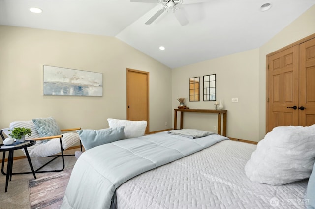 32910 NE 40th Pl, Carnation, WA 98014 - bedroom featuring lofted ceiling, a closet, recessed lighting, baseboards, and ceiling fan