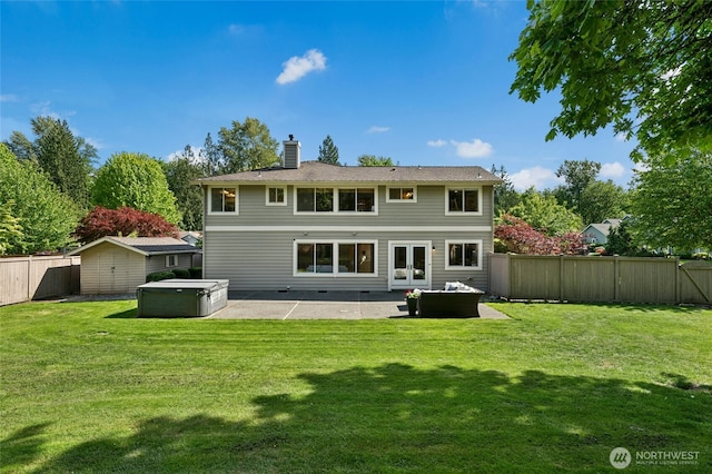 32910 NE 40th Pl, Carnation, WA 98014 - rear view of property featuring a hot tub, a patio, french doors, and a chimney