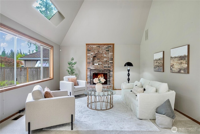 2110 216th Pl NE, Sammamish, WA 98074 - carpeted living room featuring high vaulted ceiling, a brick fireplace, baseboards, and a skylight