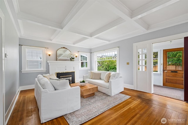2828 Sunset Dr, Bellingham, WA 98225 - living area featuring wood-type flooring, baseboards, coffered ceiling, a fireplace, and beam ceiling