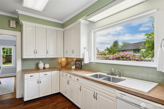 2828 Sunset Dr, Bellingham, WA 98225 - kitchen with a sink, white dishwasher, white cabinets, ornamental molding, and light countertops