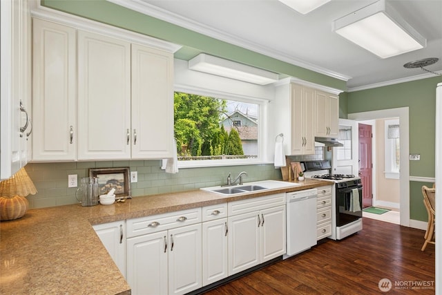2828 Sunset Dr, Bellingham, WA 98225 - kitchen featuring white dishwasher, range with gas stovetop, a sink, under cabinet range hood, and decorative backsplash