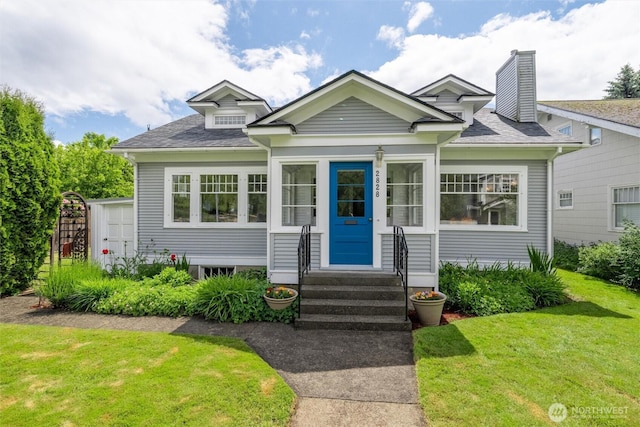 2828 Sunset Dr, Bellingham, WA 98225 - bungalow-style house with a front lawn, a shingled roof, a chimney, and entry steps