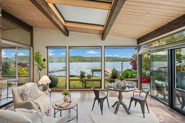 13008 Riviera Pl NE, Seattle, WA 98125 - sunroom / solarium featuring a water view, plenty of natural light, wooden ceiling, and tile patterned flooring