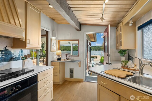 13008 Riviera Pl NE, Seattle, WA 98125 - kitchen featuring oven, wooden ceiling, plenty of natural light, and decorative backsplash