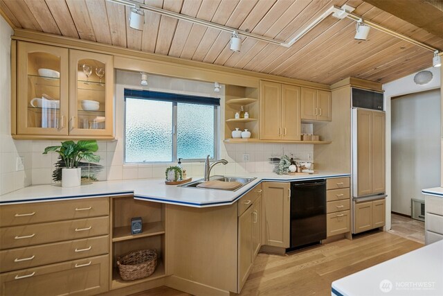 13008 Riviera Pl NE, Seattle, WA 98125 - kitchen with black dishwasher, open shelves, wood ceiling, a sink, and light countertops
