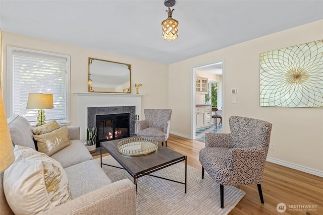 7510 Fauntleroy Way SW, Seattle, WA 98136 - living area with baseboards, light wood-style floors, and a glass covered fireplace