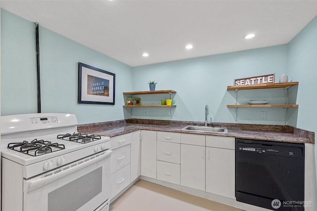 7510 Fauntleroy Way SW, Seattle, WA 98136 - kitchen featuring white range with gas stovetop, open shelves, dishwasher, a sink, and white cabinets