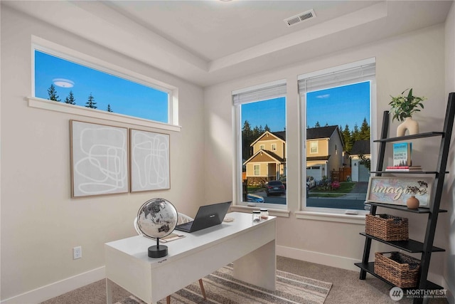 18621 135th Ln E, Bonney Lake, WA 98391 - carpeted office featuring baseboards and a tray ceiling