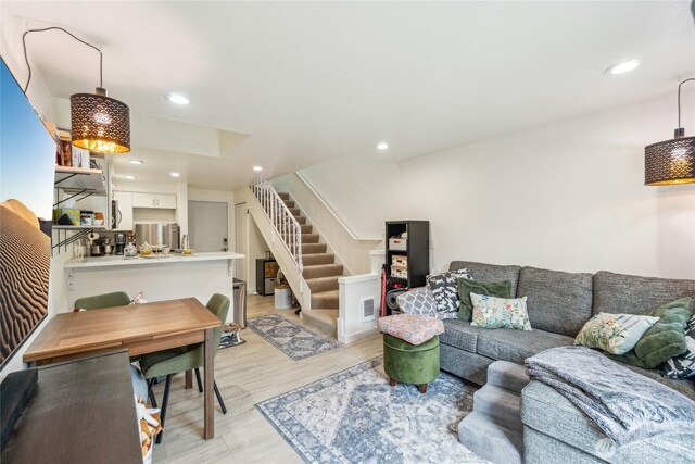 903 N 130th St Unit 113, Seattle, WA 98133 - living area featuring stairs, light wood-style flooring, and recessed lighting