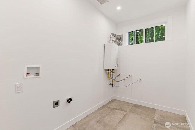 19433 SE 128th St, Renton, WA 98059 - laundry room featuring hookup for a washing machine, tankless water heater, baseboards, hookup for an electric dryer, and recessed lighting