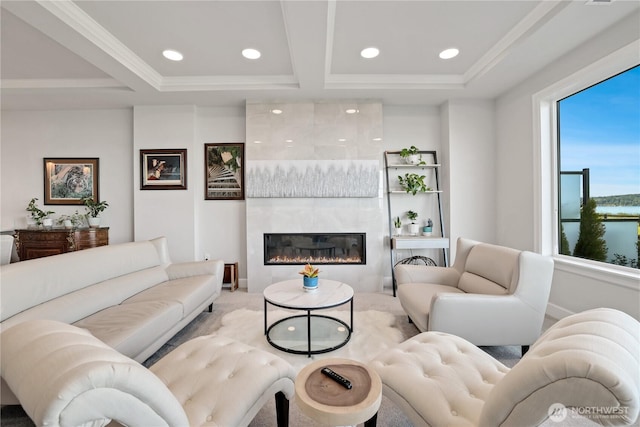 4907 Main St Unit 107, Tacoma, WA 98407 - living area featuring recessed lighting, carpet floors, a tile fireplace, and ornamental molding