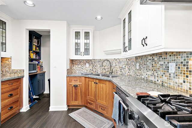 5758 Overlook Ave NE, Tacoma, WA 98422 - kitchen featuring a sink, dark wood-type flooring, recessed lighting, light stone counters, and decorative backsplash