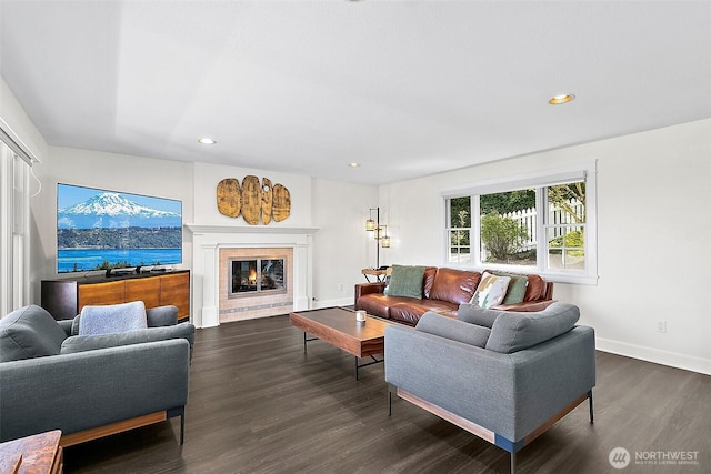 5758 Overlook Ave NE, Tacoma, WA 98422 - living room with dark wood finished floors, a tile fireplace, baseboards, and recessed lighting