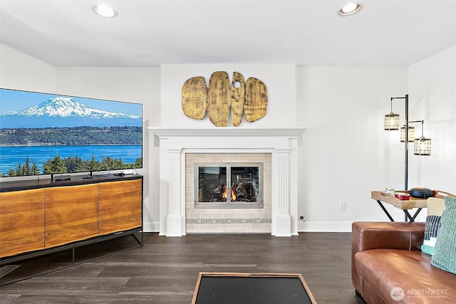 5758 Overlook Ave NE, Tacoma, WA 98422 - living room featuring wood finished floors, recessed lighting, a fireplace, and baseboards