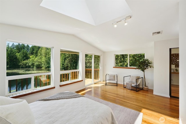 35029 37th Ave S, Auburn, WA 98001 - bedroom featuring lofted ceiling, access to exterior, a skylight, wood finished floors, and track lighting