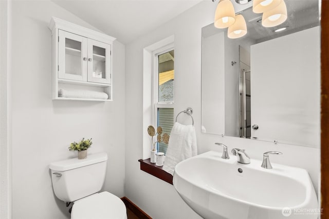 672 NE 40th St, Seattle, WA 98105 - bathroom featuring a sink, toilet, a shower with door, and lofted ceiling