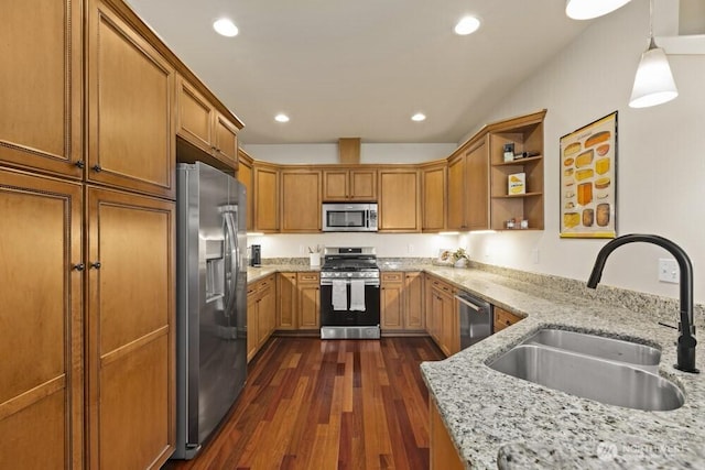 3707 Simmons Heights Ln SW, Tumwater, WA 98512 - kitchen with stainless steel appliances, a sink, open shelves, light stone counters, and dark wood-style floors