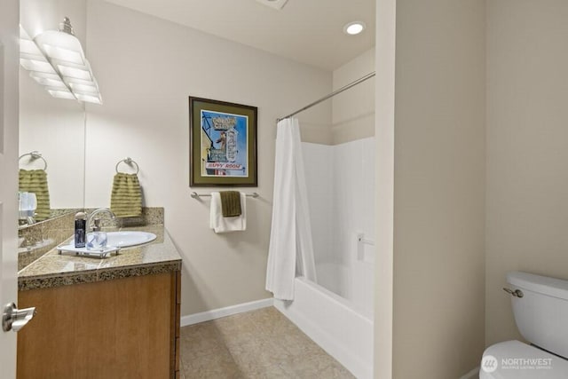 3707 Simmons Heights Ln SW, Tumwater, WA 98512 - full bath featuring vanity, toilet, shower / bath combo with shower curtain, tile patterned flooring, and baseboards