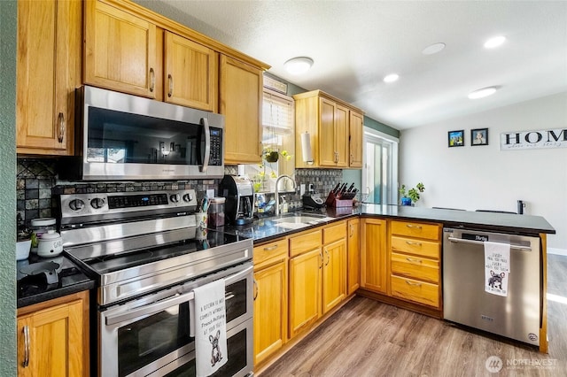 3327 Firouzi Dr NE, Moses Lake, WA 98837 - kitchen with appliances with stainless steel finishes, a peninsula, light wood-type flooring, a sink, and tasteful backsplash
