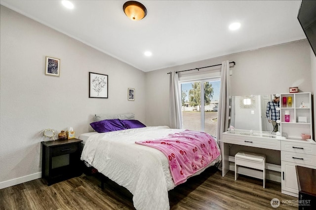 3327 Firouzi Dr NE, Moses Lake, WA 98837 - bedroom featuring lofted ceiling, dark wood-style flooring, recessed lighting, and baseboards