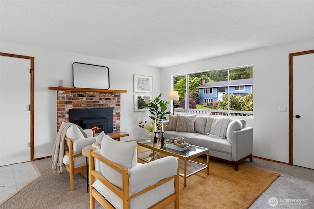 4824 237th Pl SE, Bothell, WA 98021 - living room featuring carpet flooring, a brick fireplace, and a textured ceiling