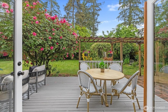 4824 237th Pl SE, Bothell, WA 98021 - wooden terrace featuring a pergola, outdoor dining area, and a lawn