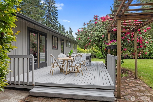 4824 237th Pl SE, Bothell, WA 98021 - wooden terrace featuring a pergola, outdoor dining space, and a lawn