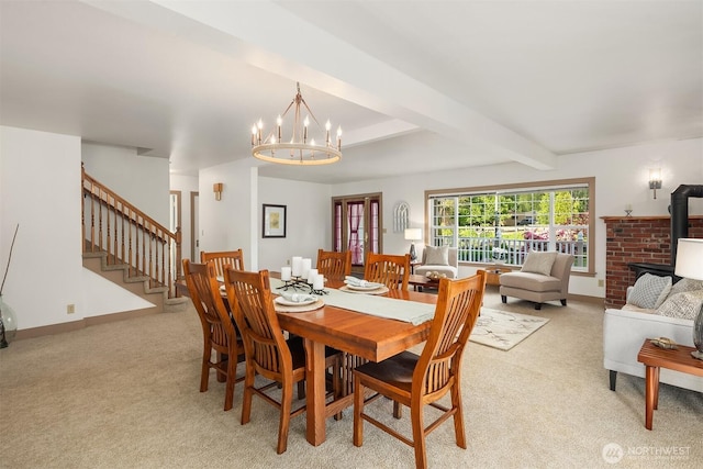 10918 159th Ave SE, Snohomish, WA 98290 - dining room featuring light colored carpet, stairway, beamed ceiling, a chandelier, and a wood stove