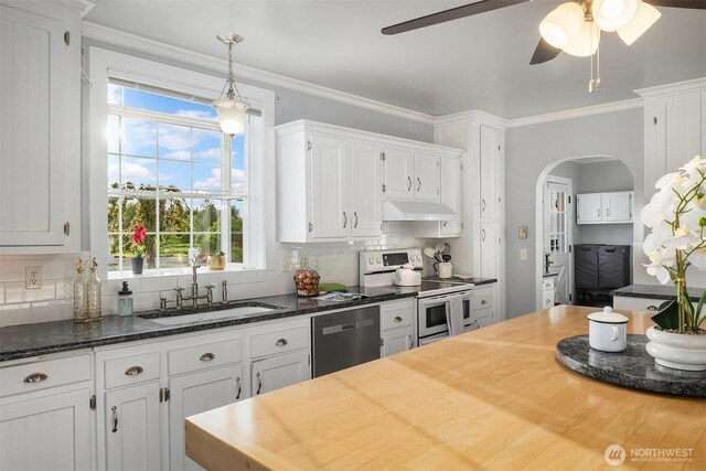 10918 159th Ave SE, Snohomish, WA 98290 - kitchen with stainless steel dishwasher, a sink, electric range, a ceiling fan, and decorative backsplash