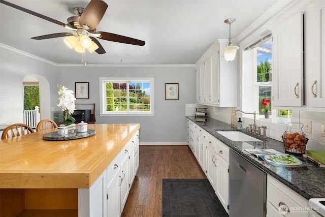 10918 159th Ave SE, Snohomish, WA 98290 - kitchen with stainless steel dishwasher, a sink, healthy amount of natural light, white cabinetry, and ornamental molding