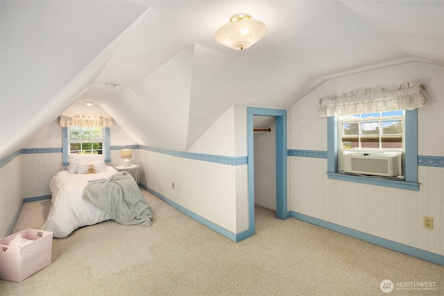 10918 159th Ave SE, Snohomish, WA 98290 - carpeted bedroom featuring vaulted ceiling, wainscoting, baseboards, cooling unit, and wallpapered walls
